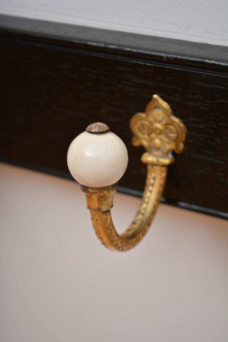 Pair Of Antique Victorian Ebonised Brass And Ceramic Coat Rack Coat Hooks - Image 16